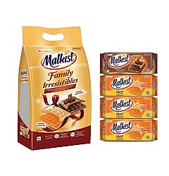 MALKIST FAMILY IRRESISTIBLES PACK - 4 PACKS INSIDE (1 DOUBLE CHOCOLATY , 3 CHEESE FLAVOURED) 576 GRAM